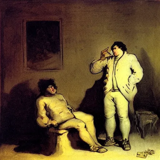 Image similar to two men arguing about neural networks in small room lighted by candles. art by francisco goya - w 1 0 2 4