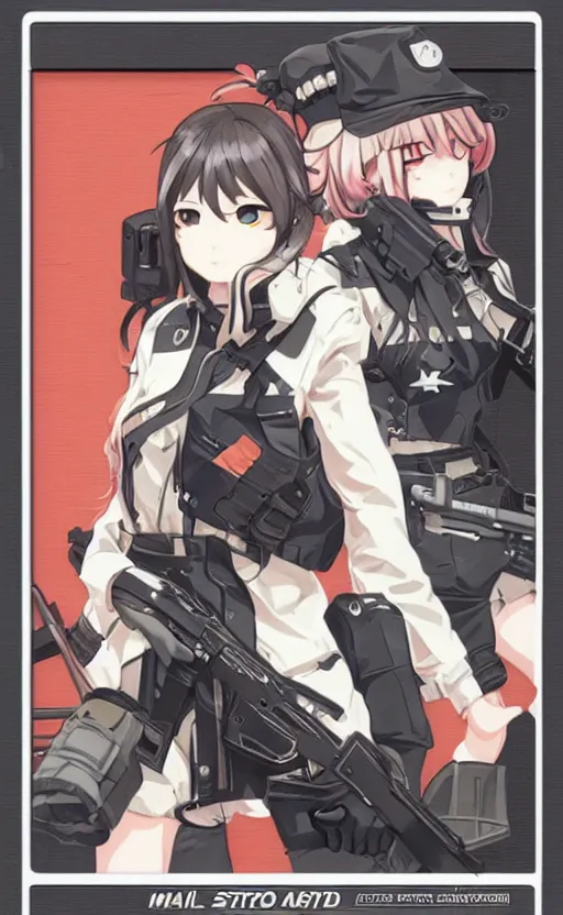 Prompt: girl, trading card art, empty hands, girls frontline game, matte, 150mm, illustration, by akio watanabe