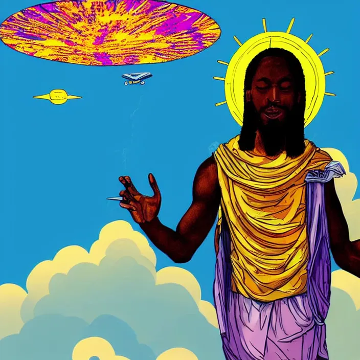 Image similar to UFO hovering over an African Jesus , clouds, colorful, in the style of Nigerian bus art,
