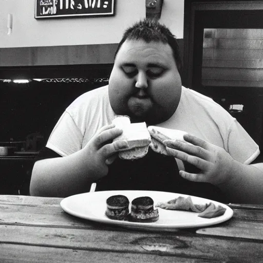 Prompt: a black and white film photograph of a fat man eating a sandwich. holga, lomo, toy camera, film, tri - x, plus - x, vintage