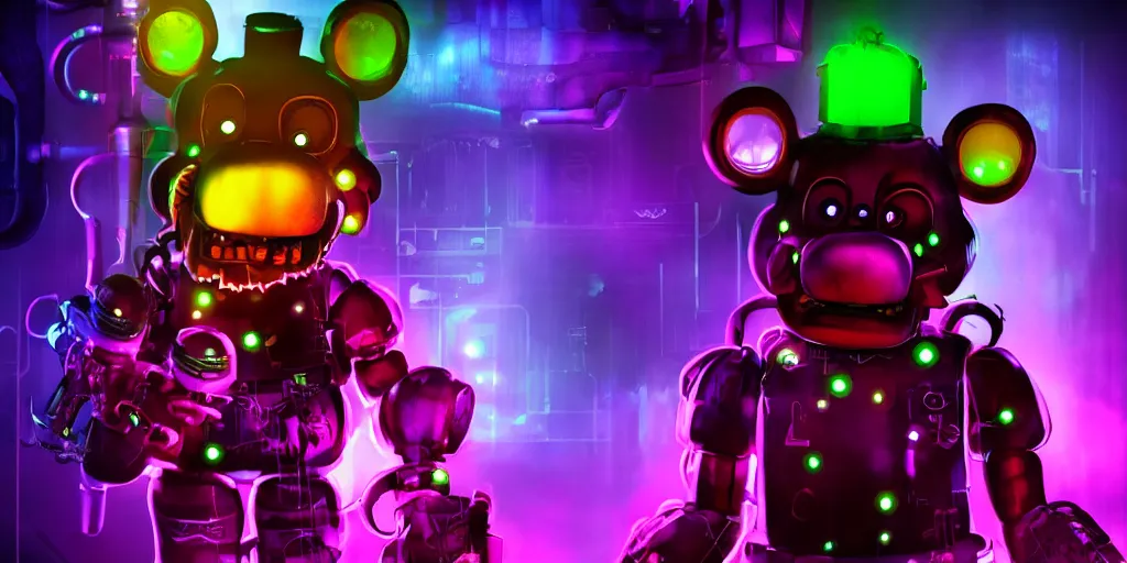 Image similar to fnaf freddy, cyberpunk, rgb, neon, hd, cinematic,