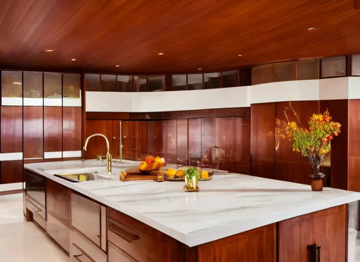 Image similar to a high end luxury kitchen designed by frank lloyd wright, interior design magazine photography