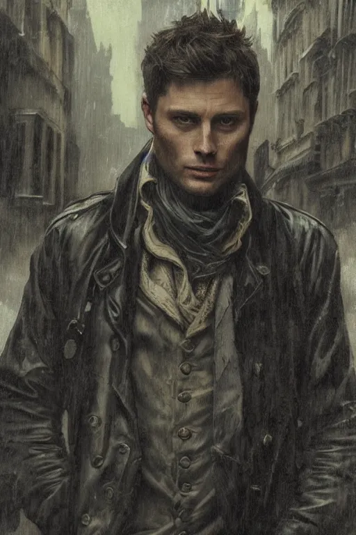 Image similar to a detailed matte portrait of dean winchester in a supernatural sherlock holmes story, 1 8 th century london in the rain, city streets, ominous, masterpiece, 8 k, art by alphonse mucha and greg rutkowski