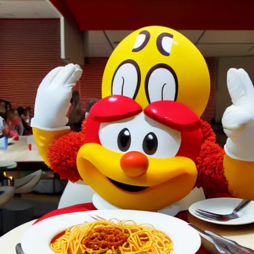 Prompt: Jollibee mascot eating a plate of spaghetti