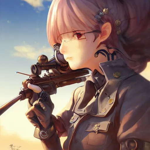 Prompt: girl with steampunk weapons and uniform, serious, finely detailed, made by wlop, jesper ejsing, ross tran, full body portrait, illustration, grass, sunny, sky, anime, side view, perfect anime face, detailed face, zoomed out, smooth,