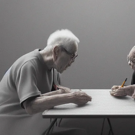 Prompt: very elderly couple tenderly feeding each other eating crayons tenderly feeding each other crayons, in the style of kawase hasui james jean, artstation trending, 8 k, 3 d render, photorealistic, volumetric lighting caustics, black and white, detailed af