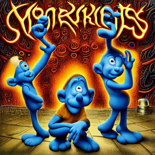Image similar to the smurfs on tool album cover, 8 k resolution hyperdetailed, surrealism style of alex grey, extremely highquality