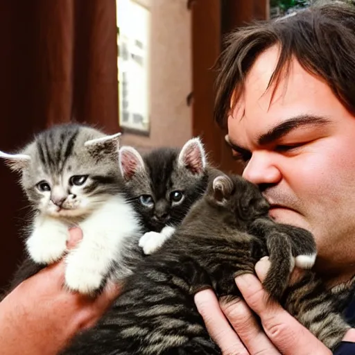 Prompt: jack black cuddling with kittens, hd