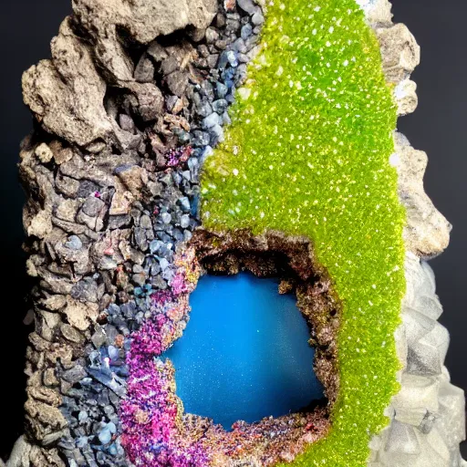 Image similar to mini dinosaur skeleton inside a geode of multi-colored crystals