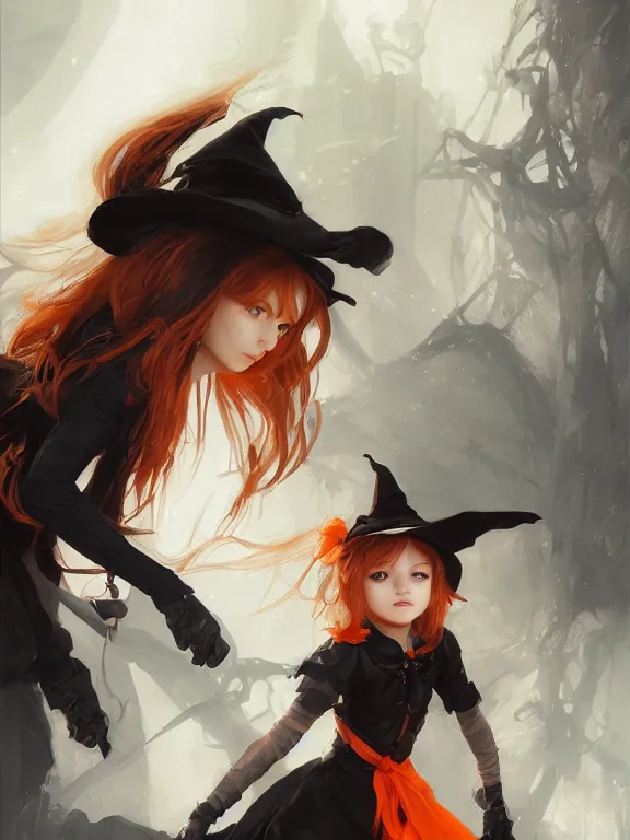 Image similar to Full shot of a cute mischievous young witch about to get up to some trouble. Black and Orange palette. By Ruan Jia and Artgerm and Range Murata and WLOP and CLAMP. Key Art. Fantasy Illustration. award winning, Artstation, intricate details, realistic, Hyperdetailed, 8k resolution.