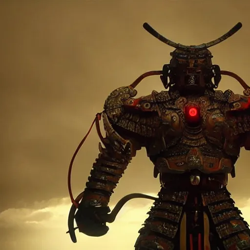 Image similar to very big very buff very strong very huge samurai wearing a futuristic cybernetic scifi oni mask, movie still