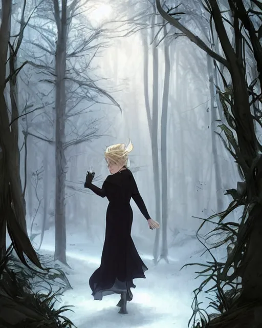 Prompt: elsa walking in a forest, winter, somber, sad, black dress, low light, foggy at dawn, sunlight visible through tree leaves, misty, magic, atmospheric art by artgerm and greg rutkowski and alphonse mucha and by artgerm, by studio muti, greg rutkowski makoto shinkai takashi takeuchi,