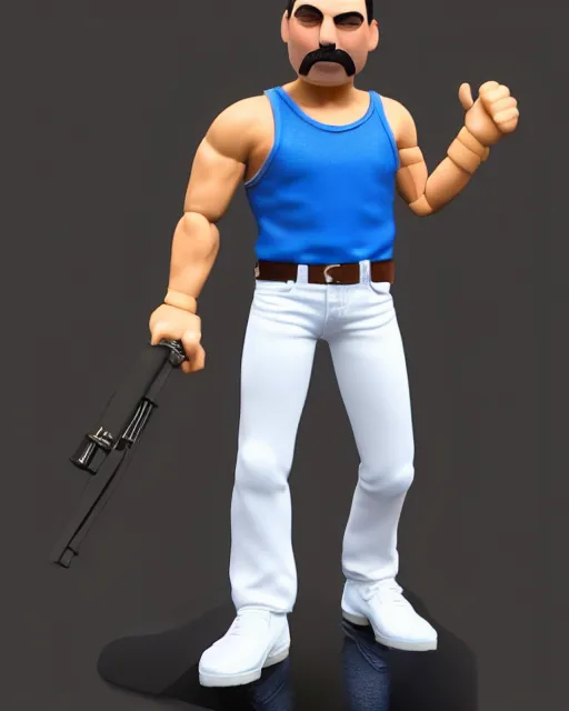 Image similar to full body 3 d render of freddie mercury, white sleeveless tank top blue jeans as a funko pop!, four, studio lighting, white background, single body, no shadow, blender, trending on artstation, 8 k, highly detailed