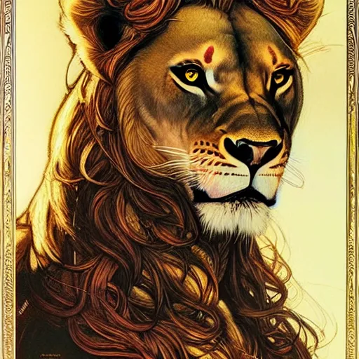 Prompt: highly detailed portrait of a majestic lioness queen in the form of a beautiful woman. d & d. art by william stout, donato giancola, brian bolland, ruan jia, peter lindbergh. trending on artstation, intricate details, energetic composition, golden ratio, concept art, illustration, elegant art, global illuminaition