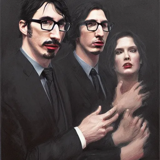 Image similar to photogenic, john oliver and adam driver, john oliver in front, adam driver behind john oliver, stylized, realistic poster, centered, dark, smokey, digital painting, art by jeremy lipking, deviant art, art by artgerm, art by greg rutkowski, art by alphonse