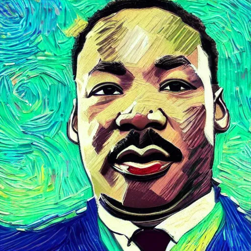 Image similar to an artistic portrait of martin luther king, smiling, high quality, studio photography, colorful, hero, heroic, beautiful, in the style of vincent van gogh