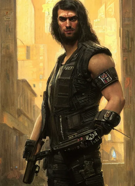 Image similar to big mike. cyberpunk professional wrestler wearing a military vest and combat gear. (Cyberpunk 2077, bladerunner 2049). Round face. Iranian orientalist portrait by john william waterhouse and Edwin Longsden Long and Theodore Ralli and Nasreddine Dinet, oil on canvas. Cinematic, hyper realism, realistic proportions, dramatic lighting, high detail 4k