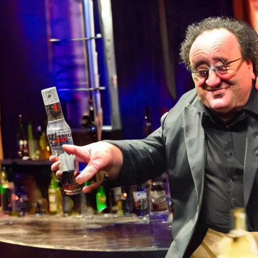 Prompt: albano drunk on a stage, bottle, journalist photo