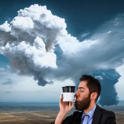 Prompt: ultra realist render of a bomb explosion cloud background, daily clothed man drinking his coffee, partial symmetry accurate features, very intricate details, focus, award winning