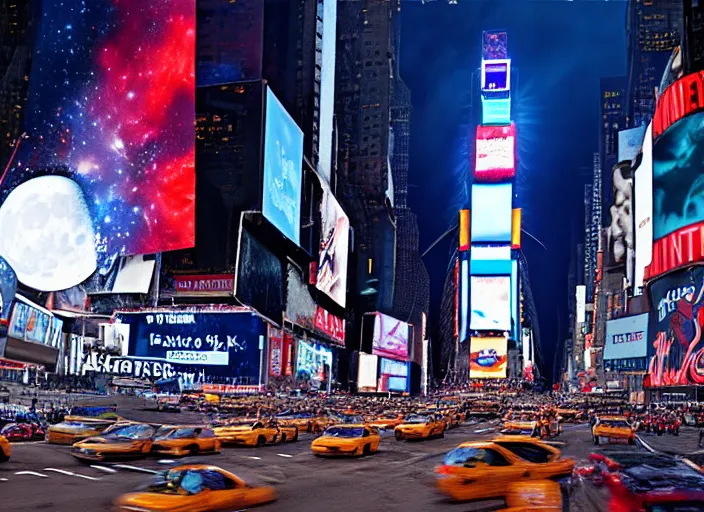 Image similar to film still of the moon shattering into pieces over time square in the new disaster movie, 8 k, night time