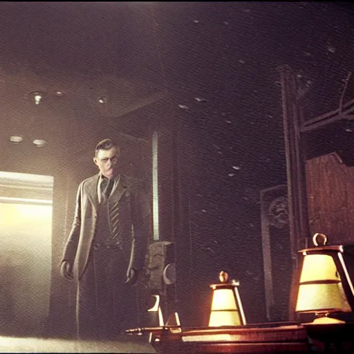 Image similar to a highly detailed cinematic photo from a live - action bioshock movie. andrew ryan, portrayed by ryan gosling, is shown standing in a 1 9 3 0's office with a large desk in front of a floor - to - ceiling window looking out onto the underwater city of rapture shining in the distance, several fish are shown outside of the window