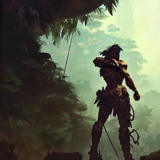 Image similar to ancient warrior in the jungle looking for a golden city by Akihito Yoshitomi AND Yoji Shinkawa AND Greg Rutkowski, Mark Arian trending on artstation