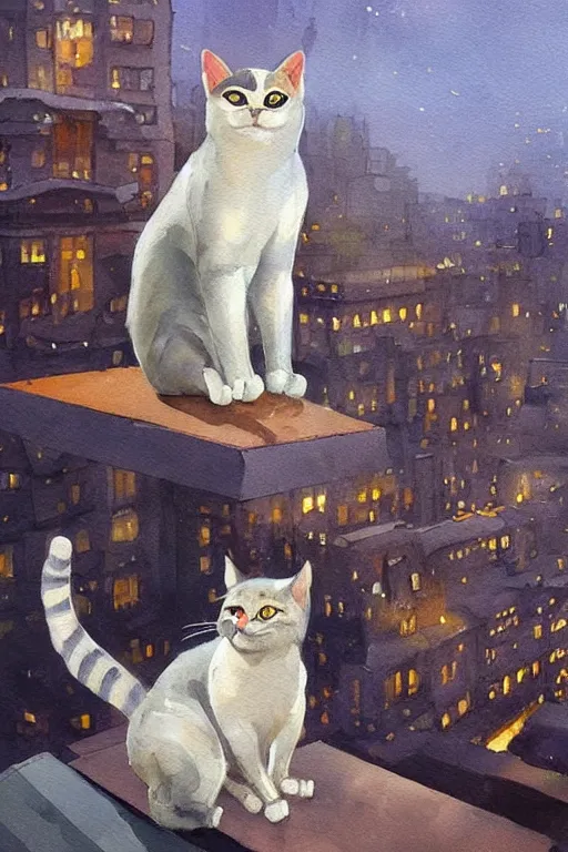 Prompt: a fullbody pose of humanoid cat, beautiful clean oil painting a anthropomorphic cat in a cats city from the top of a roof pinterest, artstation trending, behance, watercolor, by coby whitmore, silver, laser light