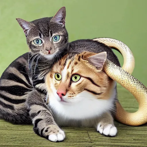 Prompt: a snake hugging a cat