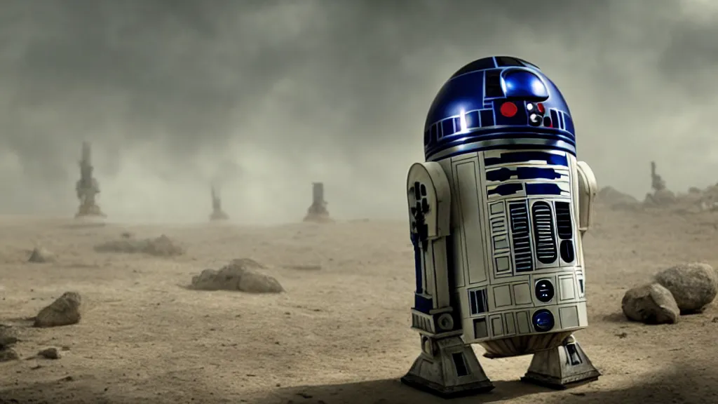 Image similar to r 2 d 2 as an eldritch horror, film still from the movie directed by denis villeneuve with art direction by salvador dali, wide lens