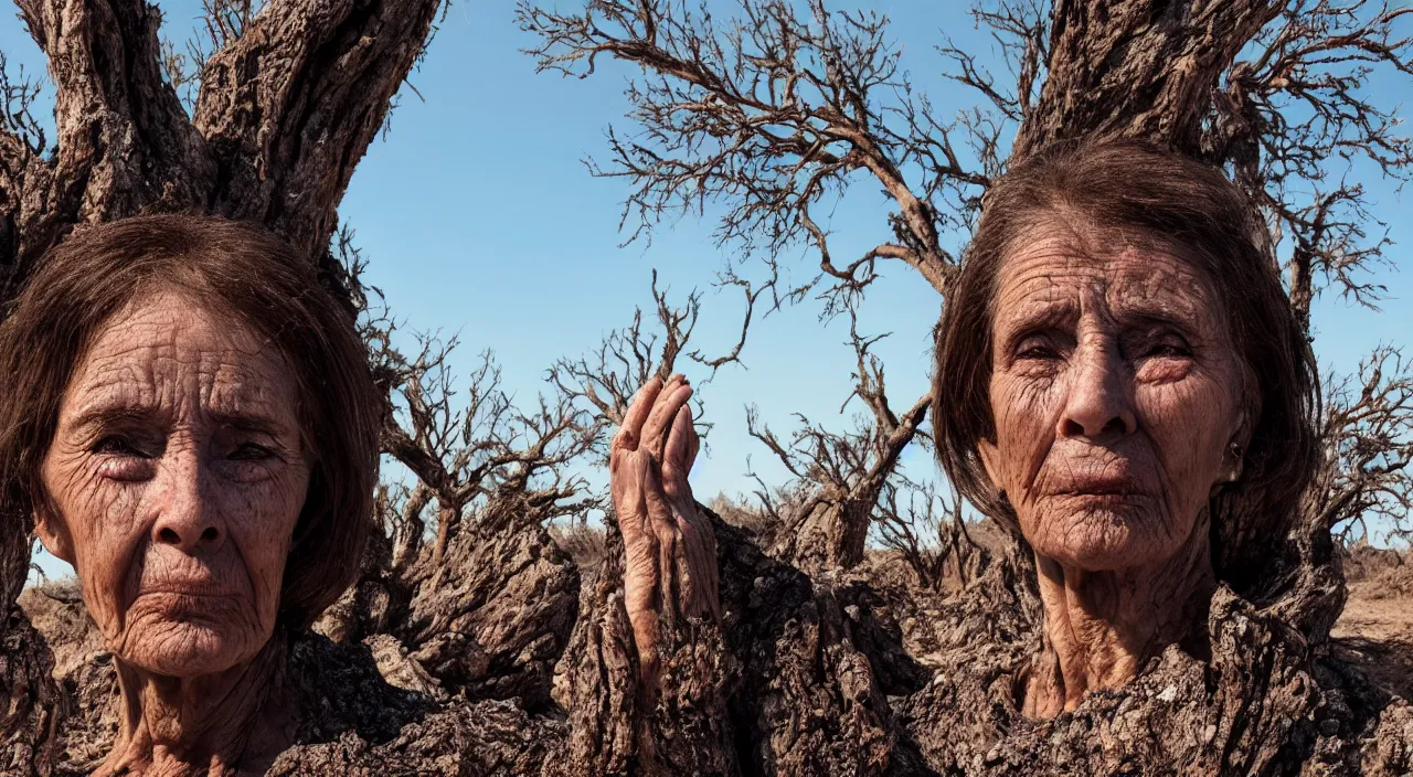 Image similar to close-up of a 65-year-old Gaia, crying emotionless, facing the camera and standing in front of a dried up river in a desolate land, dead trees, blue sky, hot and sunny, highly-detailed, elegant, dramatic lighting, artstation, 4k, cinematic landscape, photograph by Elisabeth Gadd