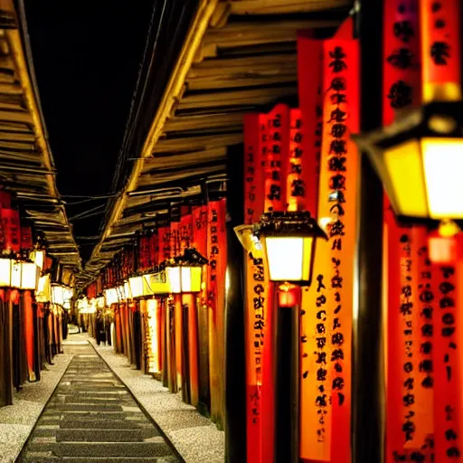 Prompt: night photography of kyoto alleyway at night, golden lanterns, traditional and modern store fronts, bokeh, award winning, dslr, nikon
