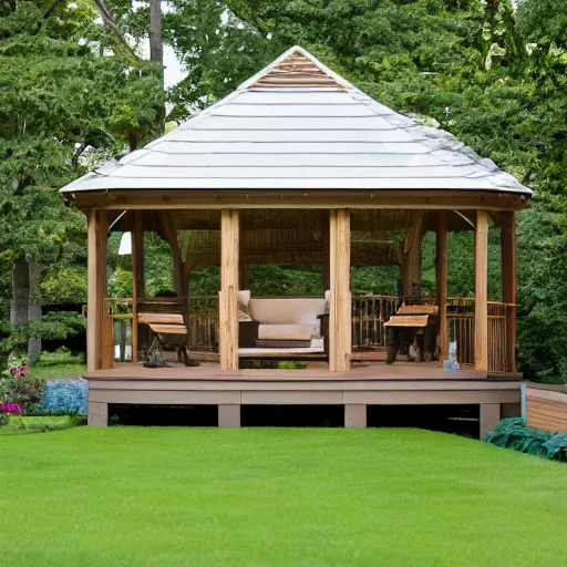 Image similar to roofed elevated veranda of a brown wooden summerhouse with a white swinging garden hammock