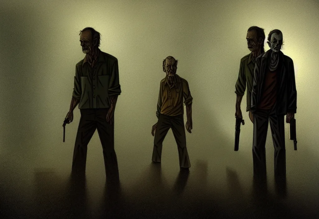 Image similar to cinematic movie still from an animated walking dead movie artwork by tim eitel, bill murray is a zombie in the scene, muted colours, cinematic lighting, abandoned buildings,