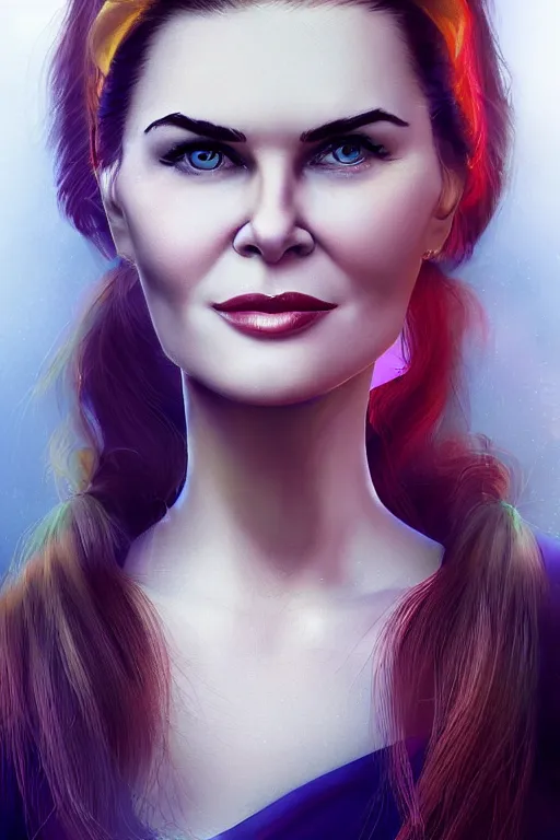 Image similar to mix of beautiful young maria shriver, mariel hemmingway, brooke shields, nicole kidman and elle macpherson as an alien creature, thin lips, hair tied up in a pony tail, dark blonde hair, colorful, artstation, cgsociety