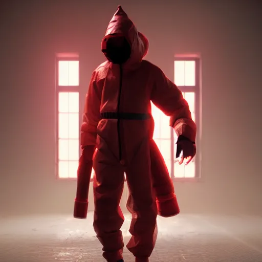 Image similar to hooden villain wearing a red oni mask, orange hazmat suit, dark background, unreal engine 5, ultra realistic, detailed, fog, volumetric lighting, by greg rutkowski,