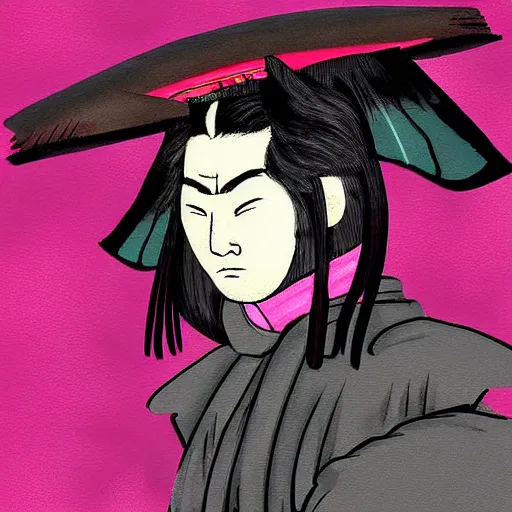 Image similar to a dramatic digital painting of a samurai with a pink birthday hat