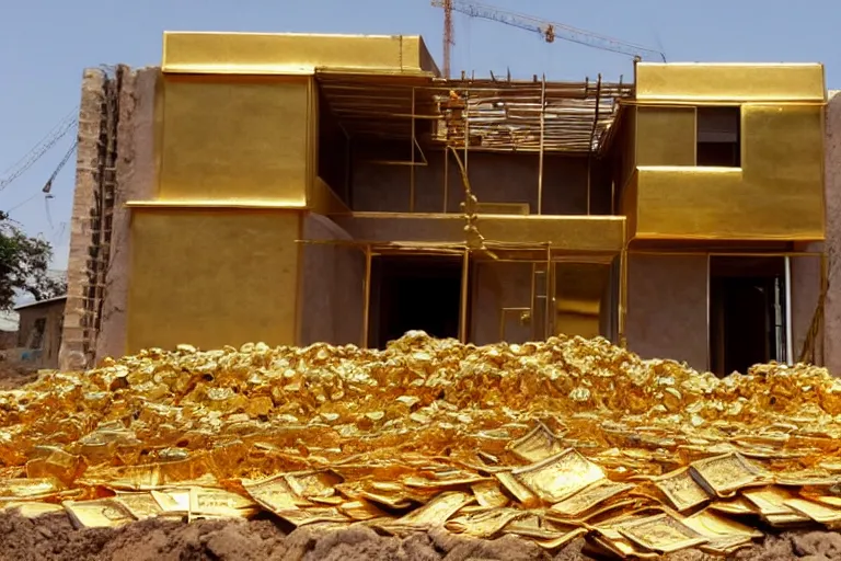 Image similar to a house, under construction, made of gold, with piles of money around it