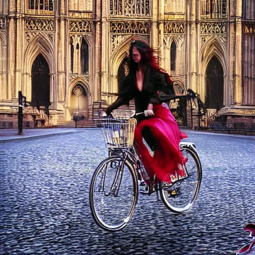 Prompt: the image is a gothic romanism space lost hollywood film still 2 0 0 0 s photograph of a scene of a woman bicycling. vibrant cinematography, anamorphic lenses, crisp, detailed image in 4 k resolution.