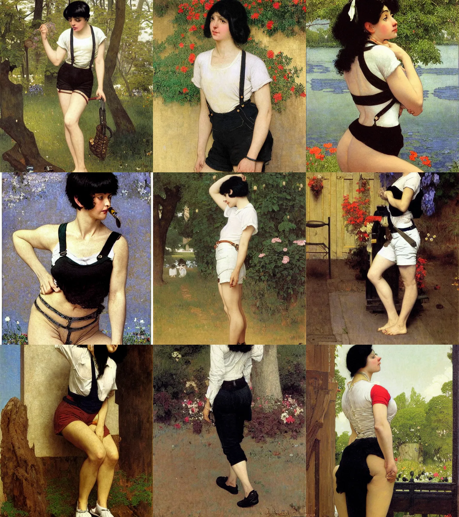 Prompt: a woman with black hair and long pixie haircut in shorts with suspenders and white t-shirt drawn by Jean-Léon Gérôme, norman rockwell, frank frazetta, alphonso azpiri, maler collier, peter paul rubens, alphonse mucha, gustav klimt 4k, unreal 5, DAZ, french noveau, trending on artstation, octane render, hyperrealistic