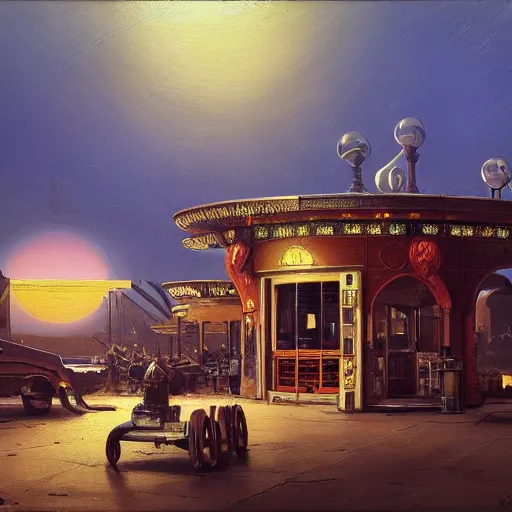 Prompt: painting of syd mead artlilery scifi gas station with ornate metal work lands on a farm, filigree ornaments, volumetric lights, purple sun, in yemen andreas achenbach