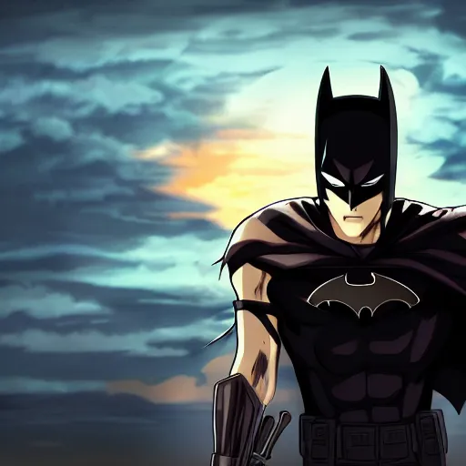 Image similar to Anime batman with a sword looking at sunset, Anime style, concept art, 8k