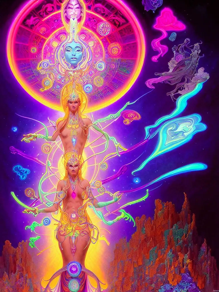 Image similar to epic scale cinematic full view chromaticity dmt goddess alex grey character concept of a beautiful colorful crystals powder liquids, glowing fluorescent velvet neon blacklight hues and saturation, sacred dmt color deity visionary fantasy art by greg rutkowski android jones artgerm alphonse max chroma mucha rule of thirds golden ratio sacred geometry ai generated art centered symmetrical threefold symmetry