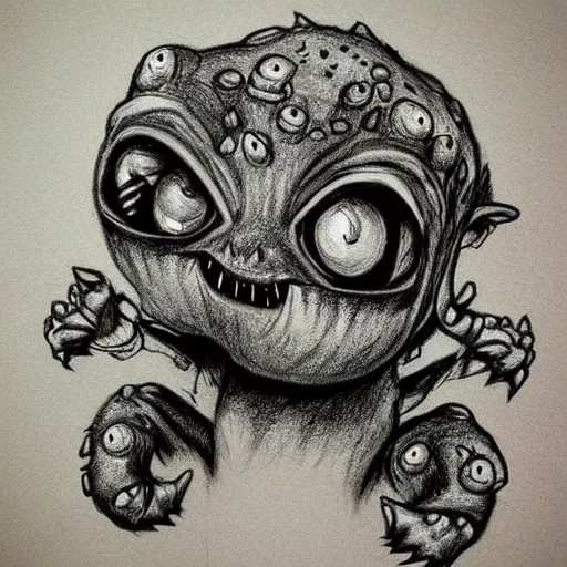 Prompt: very detailed drawing, cute little scary monster, style of chris ryniak