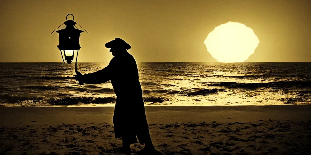 Image similar to film still of closeup old man holding up lantern by his beach hut at night. pirate ship in the ocean by emmanuel lubezki