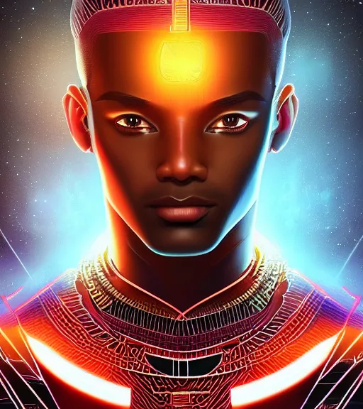 Image similar to symmetry!! egyptian prince of technology, solid cube of light, hard edges, product render retro - futuristic poster scifi, lasers and neon circuits, brown skin man egyptian prince, intricate, elegant, highly detailed, digital painting, artstation, concept art, smooth, sharp focus, illustration, dreamlike, art by artgerm