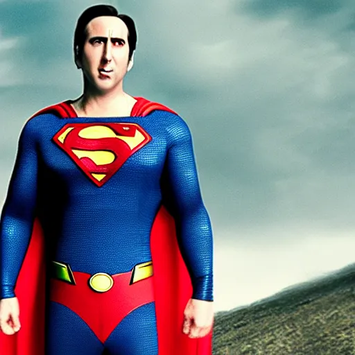 Prompt: film still of Nic Cage as Superman