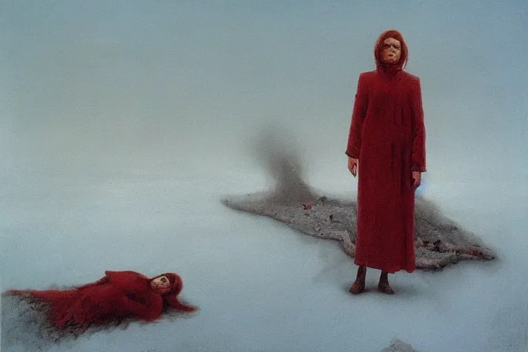 Image similar to a surrealist painting of a lonely woman with pale skin and red hair, standing over pile of bodies in post apocalyptic snowy landscape, painted by zdzisław beksinski and salvador dali