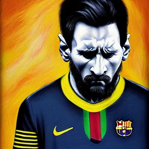 Prompt: lionel messi looking angry, d & d, fantasy, intricate, elegant, highly detailed, digital painting, artstation, concept art, matte, sharp focus, illustration, art by gertrude abercrombie