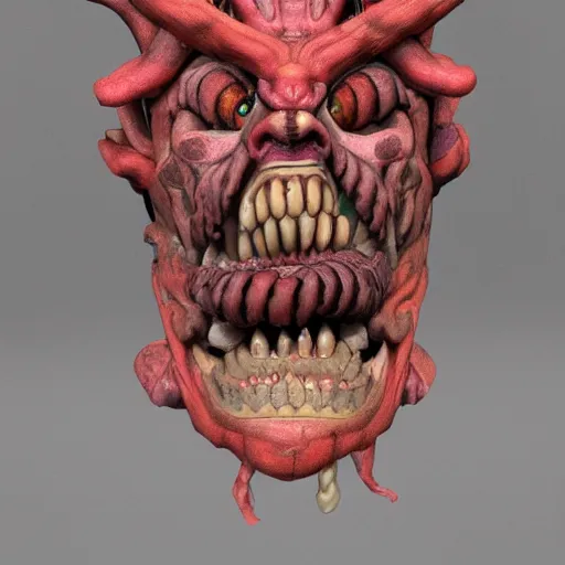 Image similar to japanese demon with deconstructed organs, face, bust, anatomical description, low pastel coloration, complex lights, highly detailed, 8 k