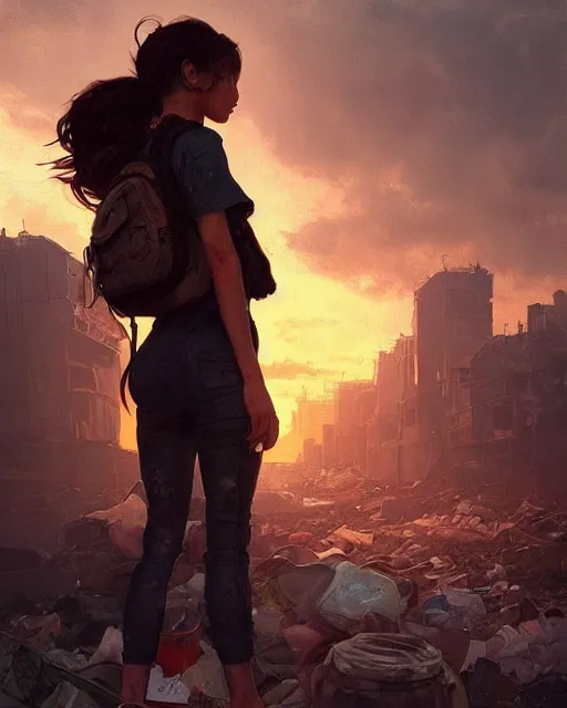 Prompt: poor detailed girl with backpack standing at cars looking for food at garbage dump, destroyed cars, city is pure wasteland, moody sunset in background, greg rutkowski, alphonse mucha, trending on artstation, artgerm, unreal engine, breathtaking, award winning, highly detailed